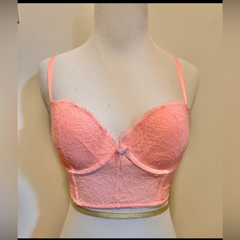 Victoria’s Secret Dream Angels Coral Pink Lace Push Up Bra Bustier Corset 34C